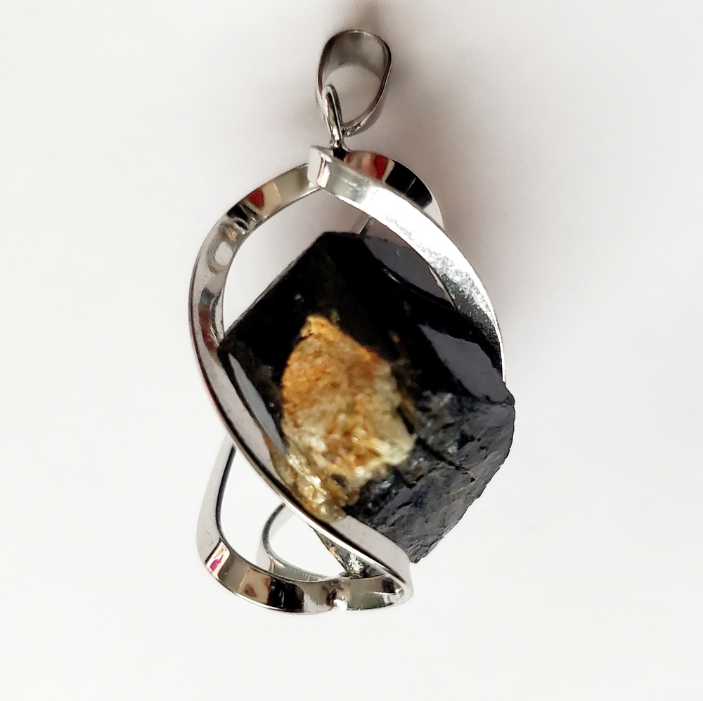Raw Black Tourmaline Stone Pendant Twist Wrapped in Stainless Steel Casing